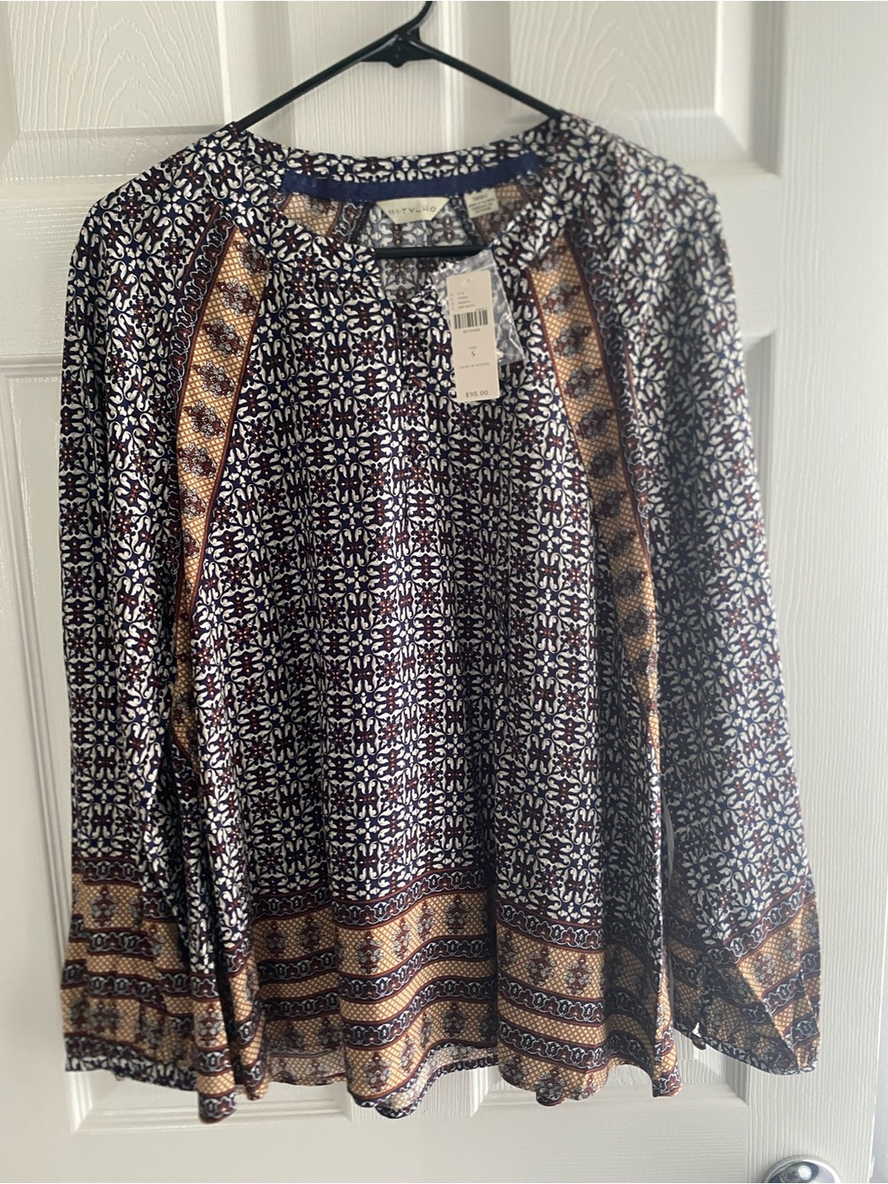 Anthropologie 11:1 TYLHO Boho Printed Long Sleeve Blouse in Navy, White & Gold